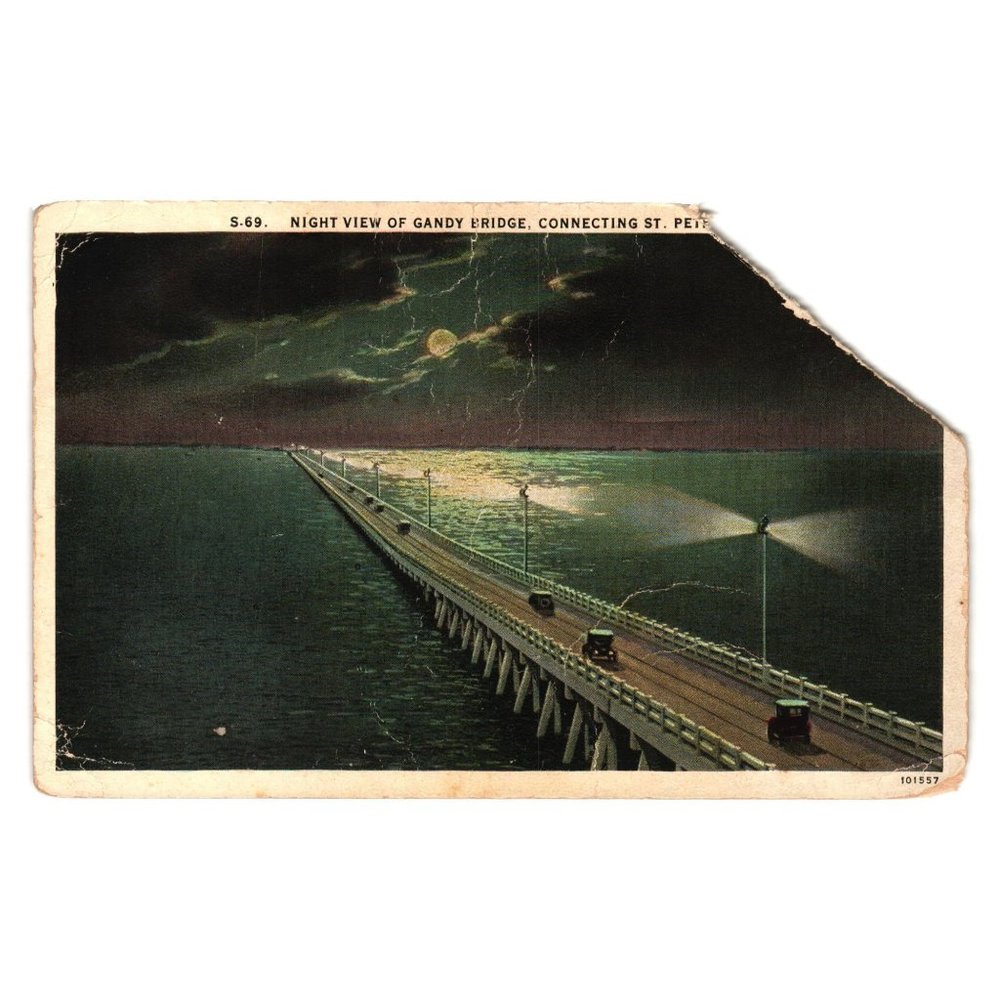 Vintage Postcard Night View Gandy Bridge Cars Art Colored MISSING CORNER
